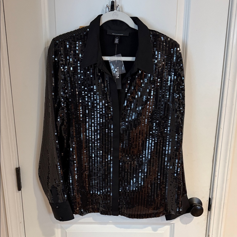 White House Black Market Shimmering Black Sequin Blouse-NWT